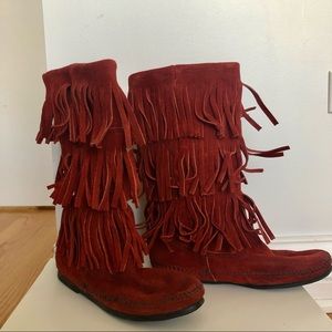 Minnetonka Red 3-Layer Fringe Boot